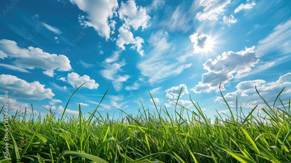 Fototapeta premium Sunny sky over green grass. Perfect for nature, spring, and environmental themes.