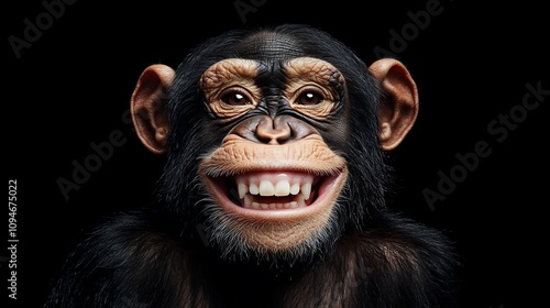 Close-up portrait of a smiling chimpanzee on a black background. photo