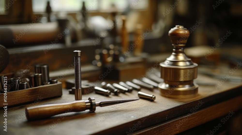 A Craftsman's Workshop: Tools and a Brass Finial A Craftsman's Workshop: Tools and a Brass Finial