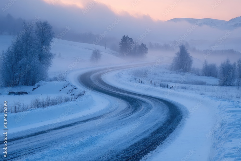 Winding snowy road leading into foggy winter wonderland at dawn Winding snowy road leading into foggy winter wonderland at dawn