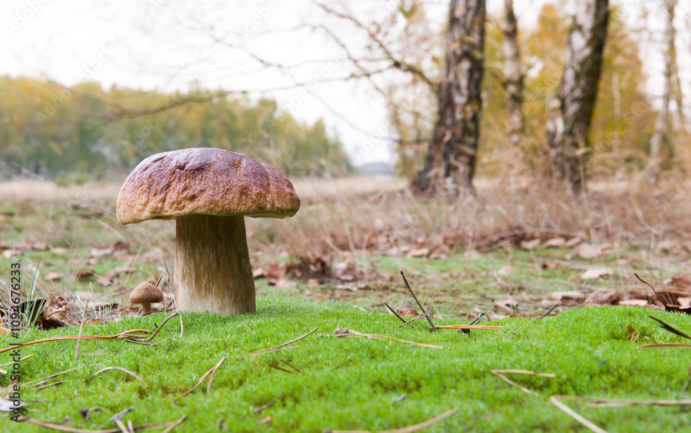 White mushroom boletus. Porcini mushrooms in the spruce forest White mushroom boletus. Porcini mushrooms in the spruce forest