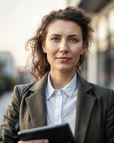 mujer jefaza. empresaria de éxito de unos 40 años, con una ciudad moderna de fondo.