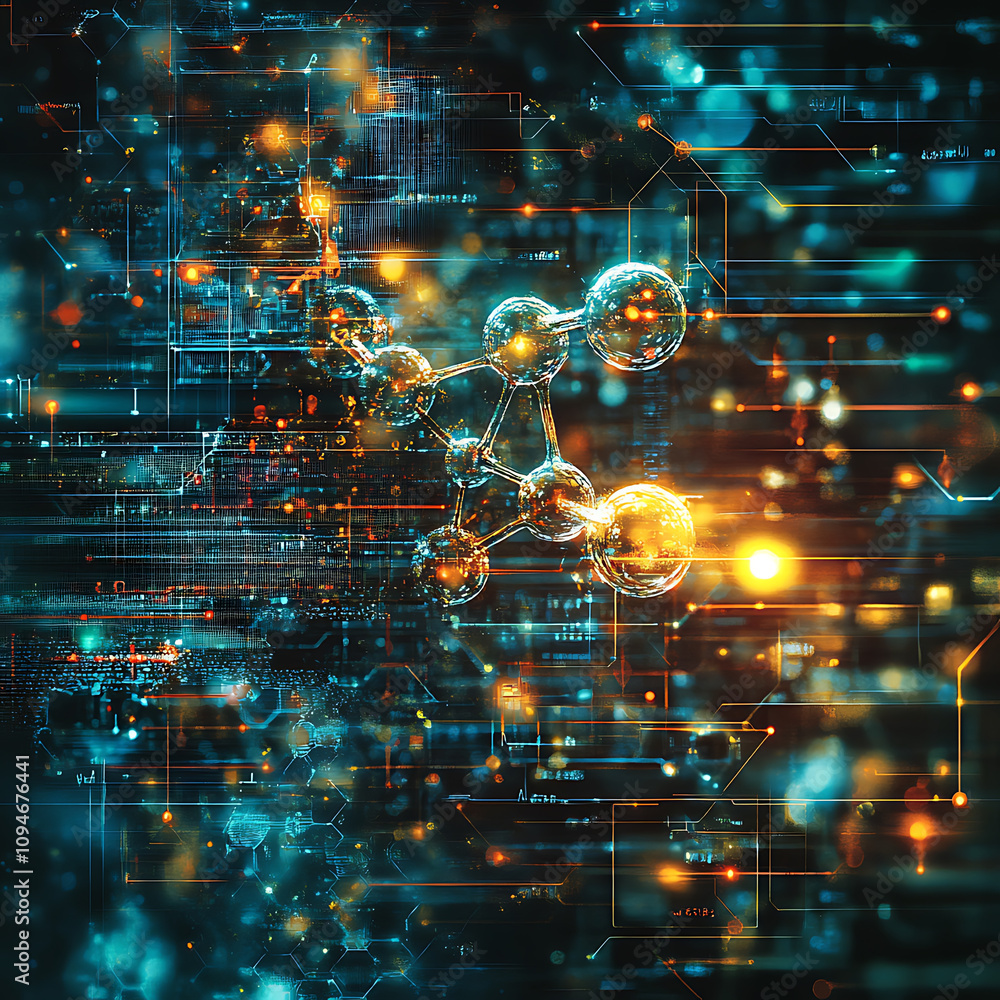 futuristic molecular simulation with glowing molecules and digital elements, showcasing advanced technology and scientific innovation futuristic molecular simulation with glowing molecules and digital elements, showcasing advanced technology and scientific innovation