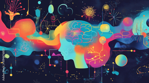 A vibrant depiction of a mind map with keywords and illustrations connecting different psychological concepts