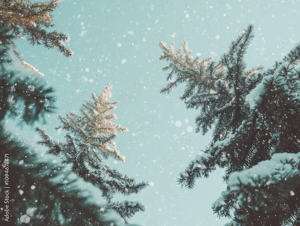 Snowy pine branches illuminated by sunlight with falling snow against a blue sky Snowy pine branches illuminated by sunlight with falling snow against a blue sky