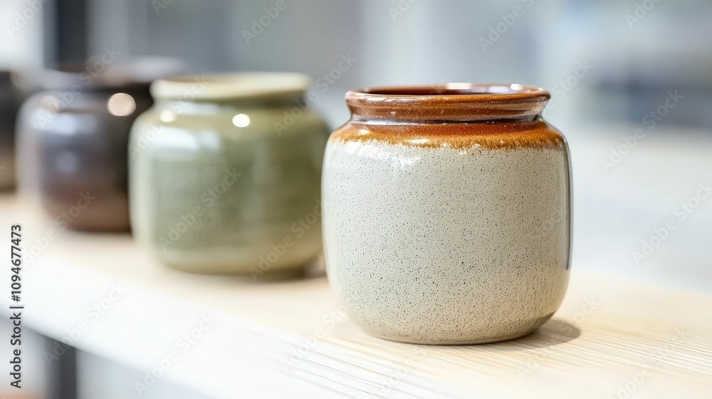 Handmade Ceramics concept. A row of beautifully crafted ceramic jars displayed on a shelf, showcasing unique glazes and earthy tones. Handmade Ceramics concept. A row of beautifully crafted ceramic jars displayed on a shelf, showcasing unique glazes and earthy tones.