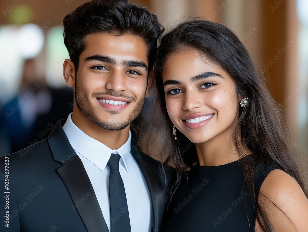 A man and a woman in formal wear posing for a picture A man and a woman in formal wear posing for a picture