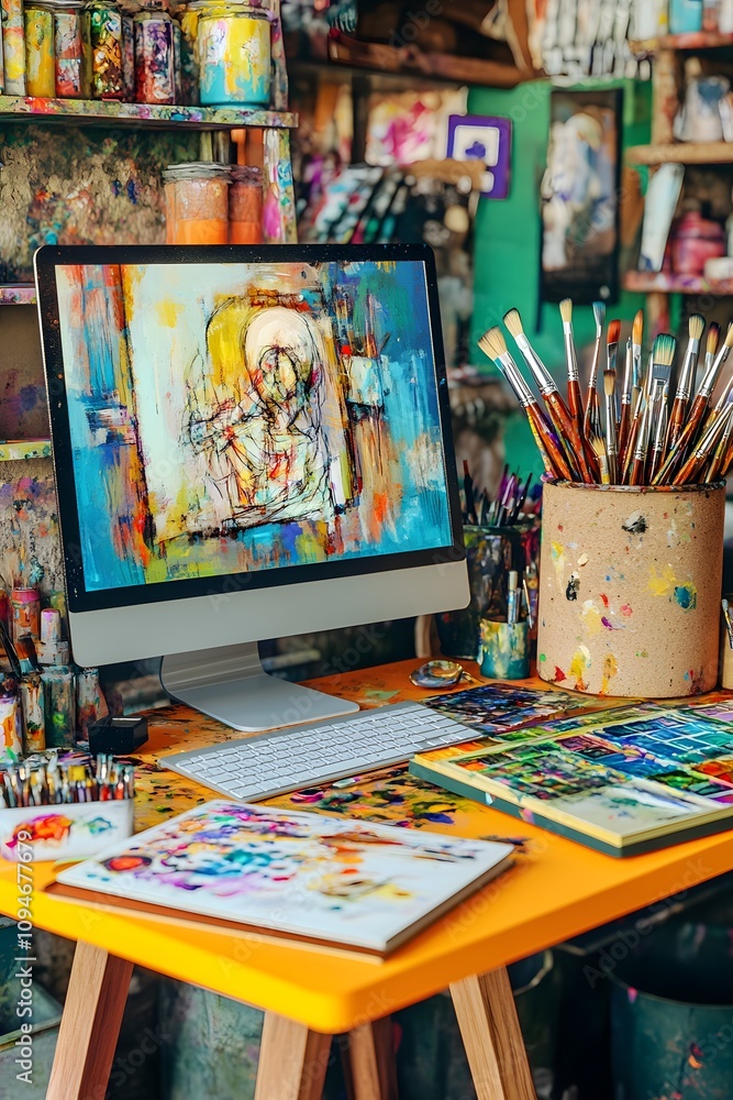 A vibrant artist's workspace with a computer, paints, and brushes for creative projects. A vibrant artist's workspace with a computer, paints, and brushes for creative projects.