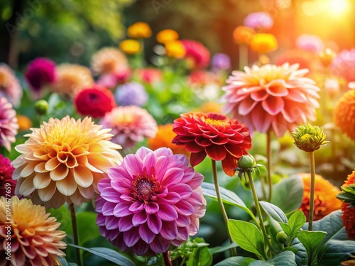 Vibrant Blooming Flowers in a Lush Garden with High Depth of Field Capturing the Beauty of Nature's Colorful Petals and Leaves Under Soft Natural Light