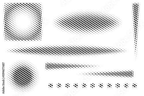 Abstract black hexagon gradient halftone textures isolated on a white background. Various geometric shape patterns are made of simple hexa polygons. Vector illustration