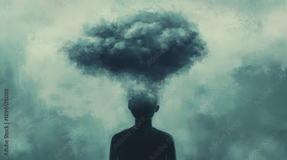An abstract depiction of a storm cloud above a person's head, representing mental health challenges like anxiety or depression An abstract depiction of a storm cloud above a person's head, representing mental health challenges like anxiety or depression