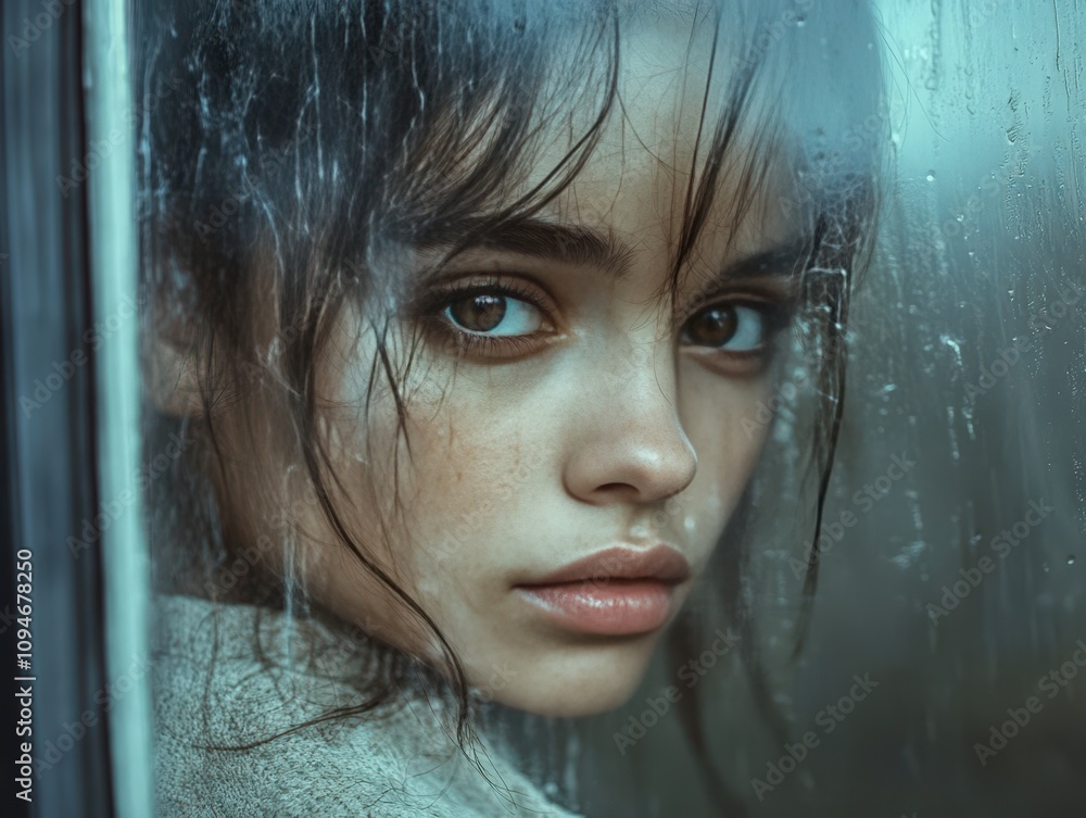 Pensive Young Woman by Rainy Window Pensive Young Woman by Rainy Window