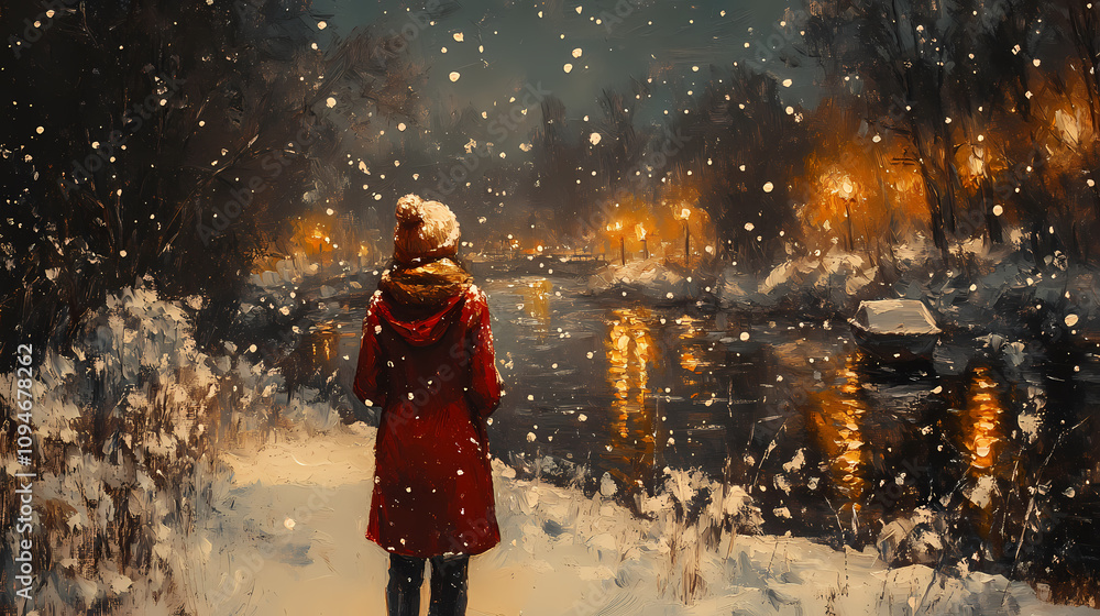 In this oil painting of primitive folk art, a young girl enjoys a winter night surrounded by warm earthy colors In this oil painting of primitive folk art, a young girl enjoys a winter night surrounded by warm earthy colors