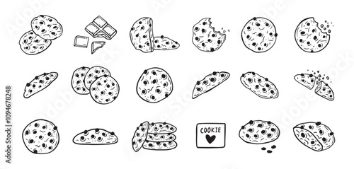 Chocolate chips cookie hand drawn doodle icon set. Drawing black and white sketch biscuit. Chocolate biscuit collection.