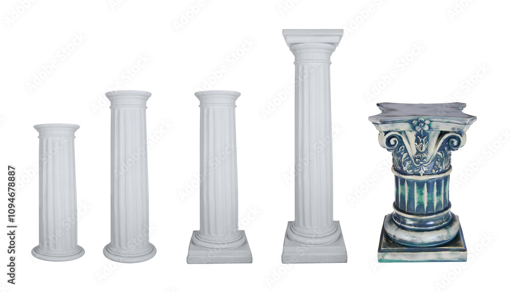 Antique white columns. Roman historical stone colonnade or pillars, realistic marble pillar ancient greece architecture Antique white columns. Roman historical stone colonnade or pillars, realistic marble pillar ancient greece architecture
