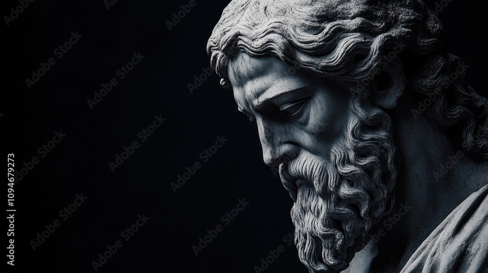 Close-up of a marble sculpture of a man's head with a beard, looking down. Close-up of a marble sculpture of a man's head with a beard, looking down.