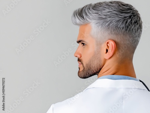 A man with grey hair and a white shirt photo