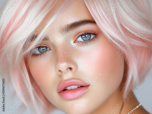 A close up of a woman with pink hair and blue eyes