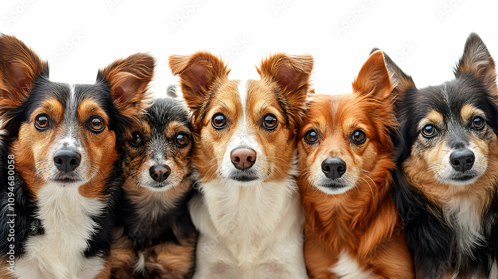 Five Dogs Looking at the Camera with White Background Photograph Five Dogs Looking at the Camera with White Background Photograph