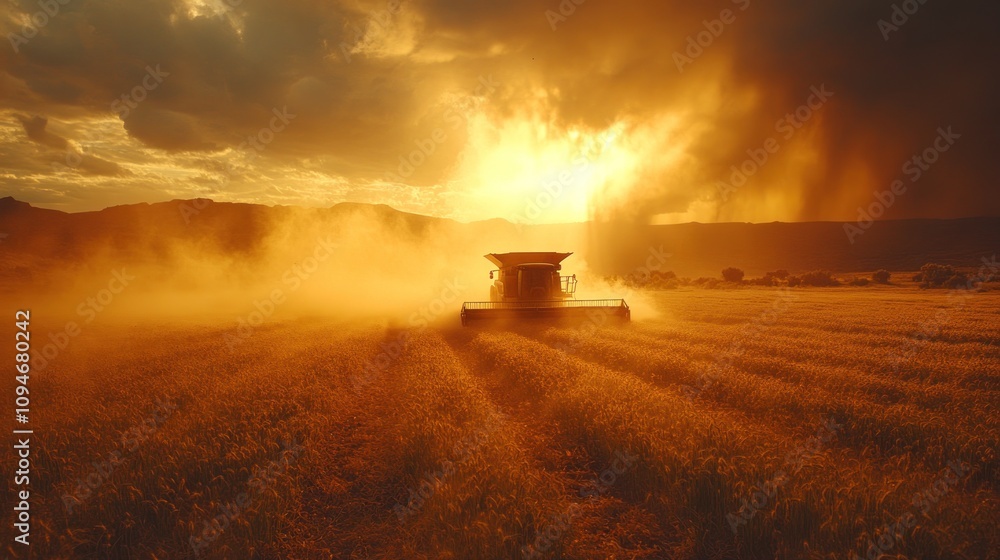 Fototapeta premium Combine Harvester at Sunset