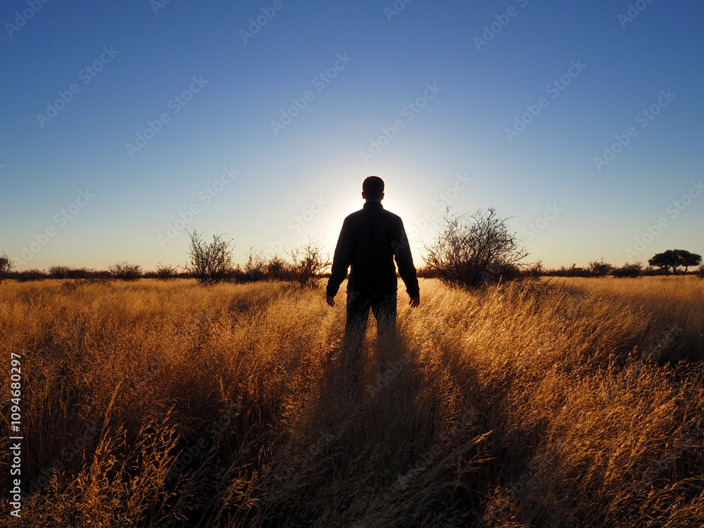 Silhouette of a man walking on the savanna during a sunrise Silhouette of a man walking on the savanna during a sunrise