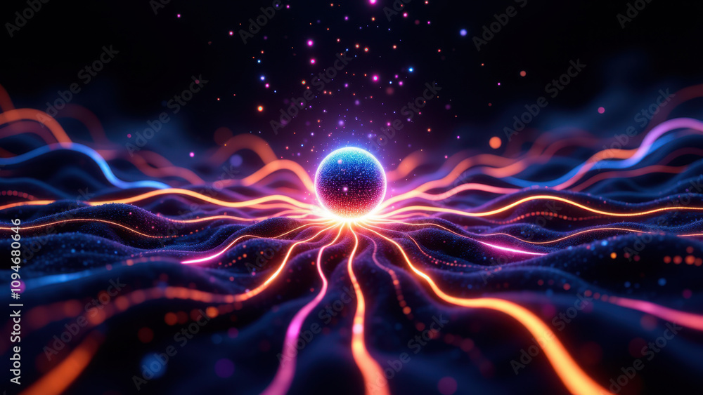 Vibrant, modern abstract hi-tech digital background with energy waves and glowing orb. Vibrant, modern abstract hi-tech digital background with energy waves and glowing orb.