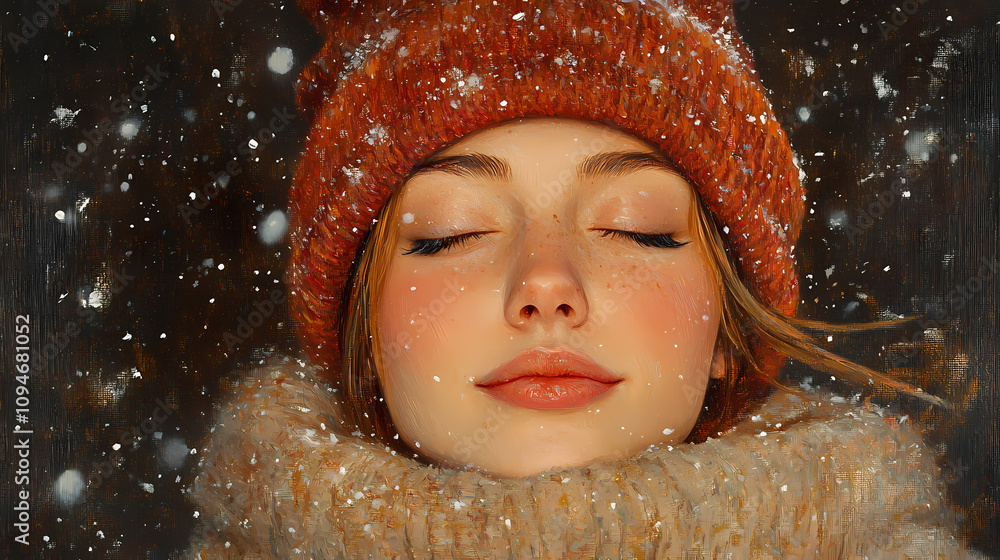In this oil painting of primitive folk art, a young girl enjoys a winter night surrounded by warm earthy colors In this oil painting of primitive folk art, a young girl enjoys a winter night surrounded by warm earthy colors