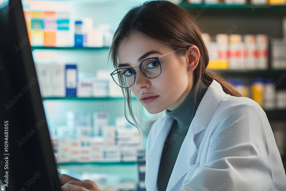 Fototapeta premium Young caucasian female chemist pharmacist druggist working on computer, looking at screen searching drugs, medicines, pills for customers in drugstore pharmacy