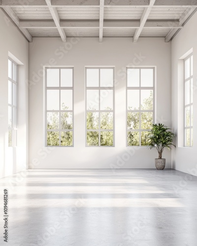 A bright, minimalist room featuring large windows, white walls, and a potted plant, creating a serene and airy atmosphere.