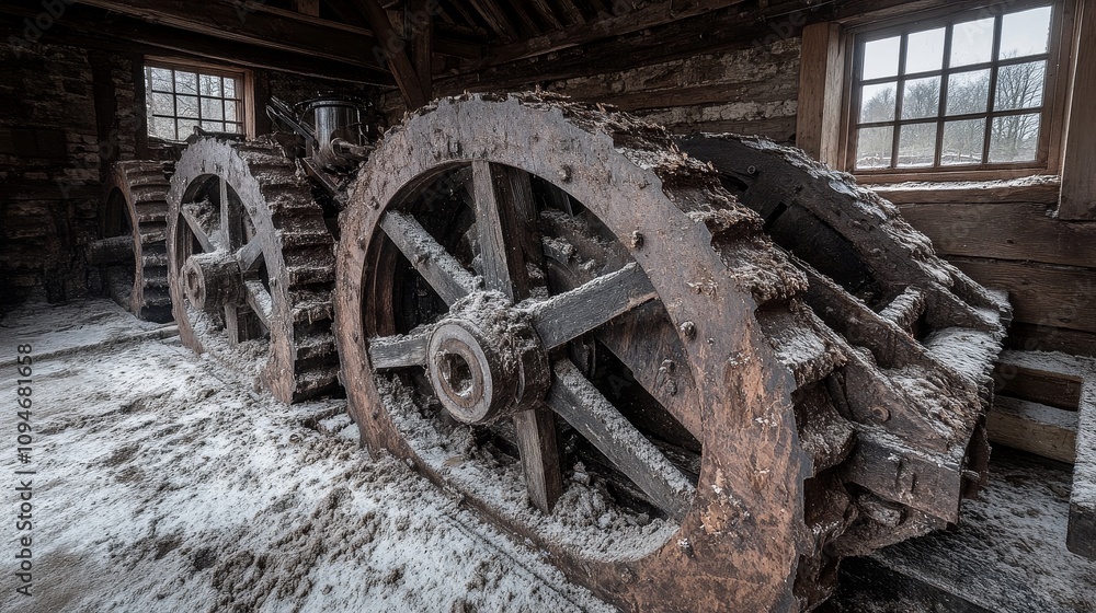 Obraz premium Rusty Cogwheels and Gear System in an Abandoned Mill