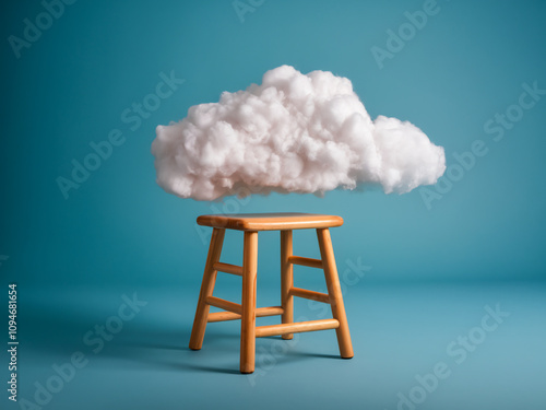 Cloud resting on wooden stool in minimalistic setting