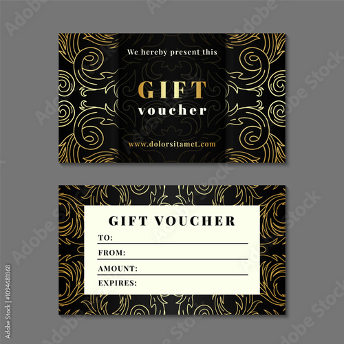 Retro dark elegant classic gift certificate design with gold colored baroque style ornament. Vintage black voucher, golden text template. Glamorous ornate card set. EPS 10 vector illustration.