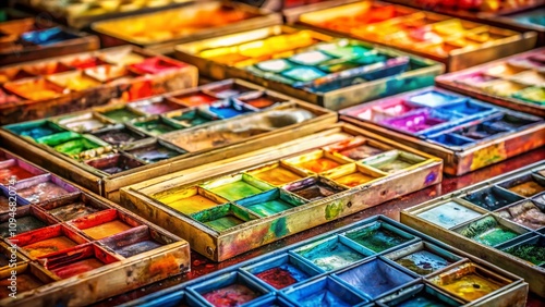 Vibrant Watercolor Boxes on a Multicolor Background Capturing the Essence of Artistic Expression and Creativity in a Dynamic Setting for Photography Lovers