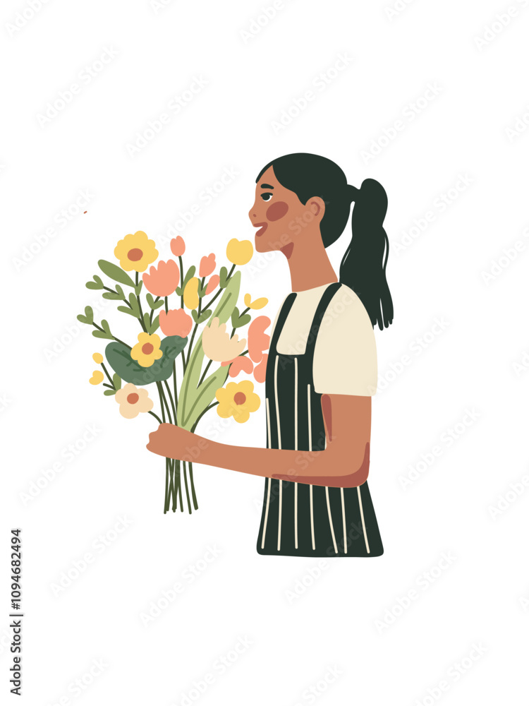 girl with long hair holding a lush bouquet, side view girl with long hair holding a lush bouquet, side view