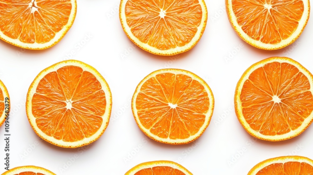 Flat lay of sliced oranges arranged in a pattern on white background. Flat lay of sliced oranges arranged in a pattern on white background.