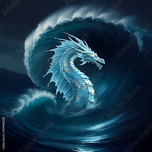 A sea dragon of translucent water and glowing bioluminescence emerging from a vortex-filled surreal ocean, inspiring wonder. photo