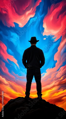 Man in Hat Silhouetted Against Vibrant Sunset Sky