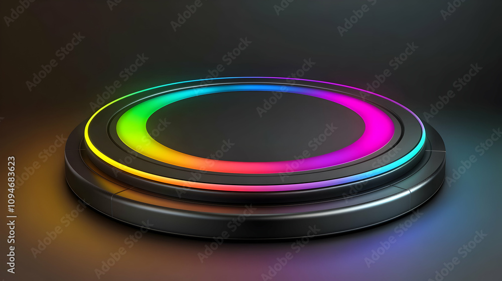 3D Render of a Black Circular Platform with a Glowing Rainbow Neon Light Circle Around It, Set Against a Dark Background 3D Render of a Black Circular Platform with a Glowing Rainbow Neon Light Circle Around It, Set Against a Dark Background