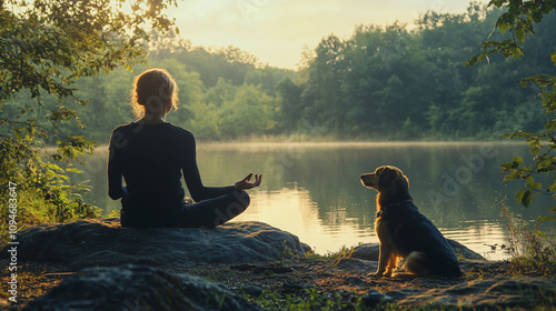 A person meditating with their dog nearby, feeling calm and connected to nature.
