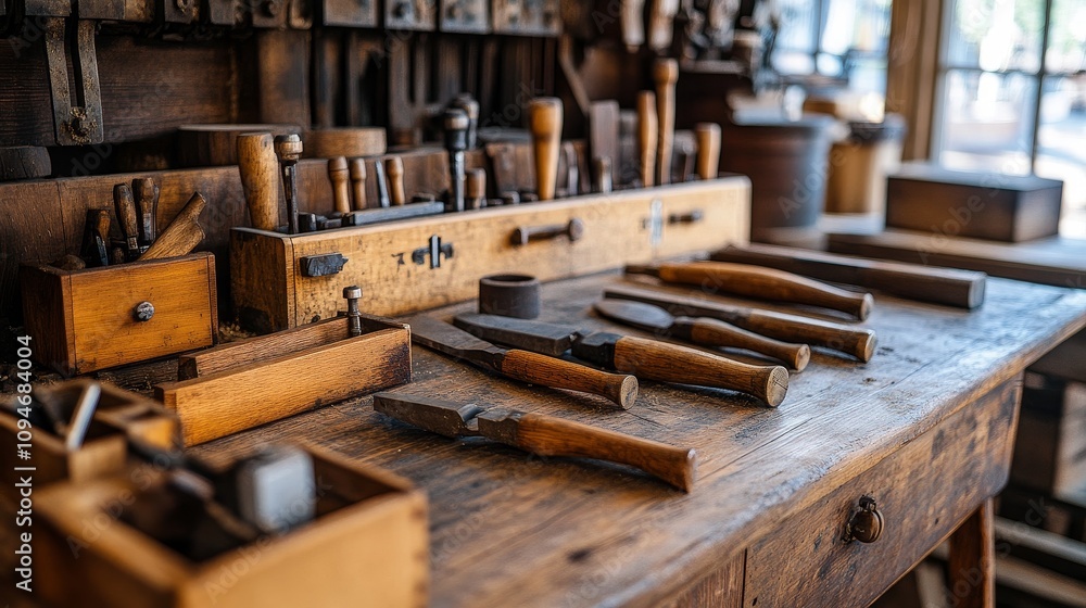 A well-worn wooden workbench with an array of tools and supplies A well-worn wooden workbench with an array of tools and supplies
