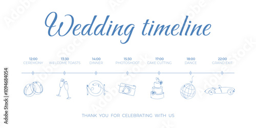 Wedding timeline template with line art icons in blue. Organization and planning of wedding day. Ceremony, cutting cake, dinner, party time, cocktails