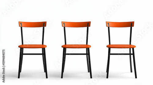 Three Orange Chairs with Black Legs and Leather Straps on a White Background