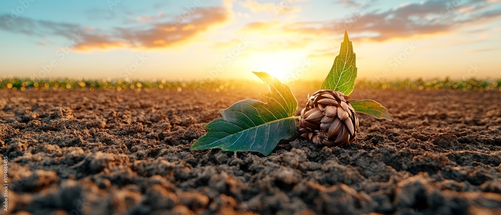 Obraz premium Sunset Agriculture Young Artichoke Plant in Soil