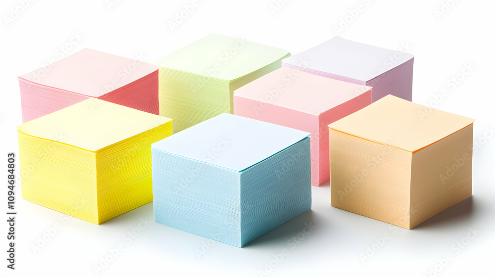 Stacks of Colorful Square Sticky Notes Arranged on a White Surface Stacks of Colorful Square Sticky Notes Arranged on a White Surface
