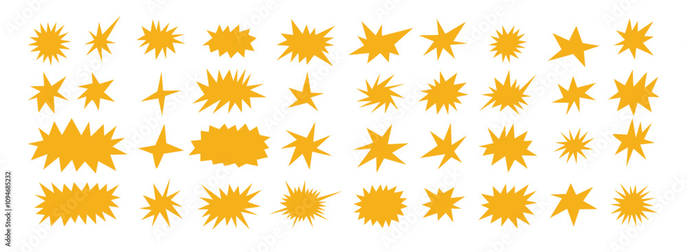 Starburst shapes set. Cute yellow collection of stars and sparkle doodle Starburst shapes set. Cute yellow collection of stars and sparkle doodle