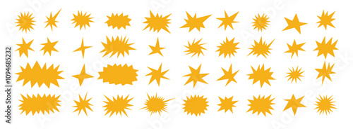 Starburst shapes set. Cute yellow collection of stars and sparkle doodle