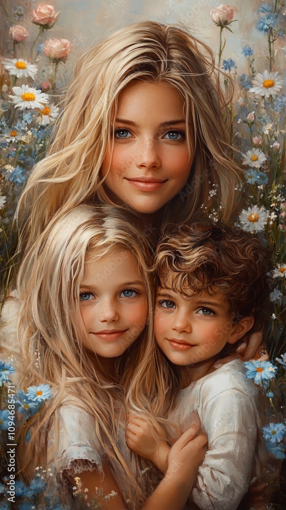 A portrait photo of a happy mother with two children, a boy and a girl. The mother is smiling, holding both children in her arms, and her eyes show warmth and love.