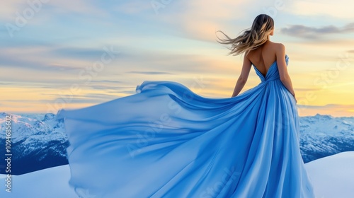 Elegant woman in flowing blue gown stands on snowy peak at sunset, AI