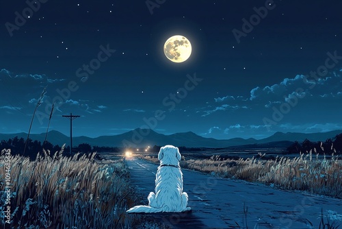 the night sky, where the moon shines brightly. Against the background of the quiet dark night, the road is empty, but on it sits a sad dog, looking at the trail of a distant car. Her feeling of loneli photo