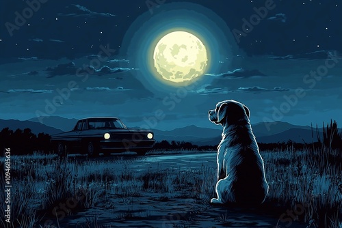 the night sky, where the moon shines brightly. Against the background of the quiet dark night, the road is empty, but on it sits a sad dog, looking at the trail of a distant car. Her feeling of loneli photo